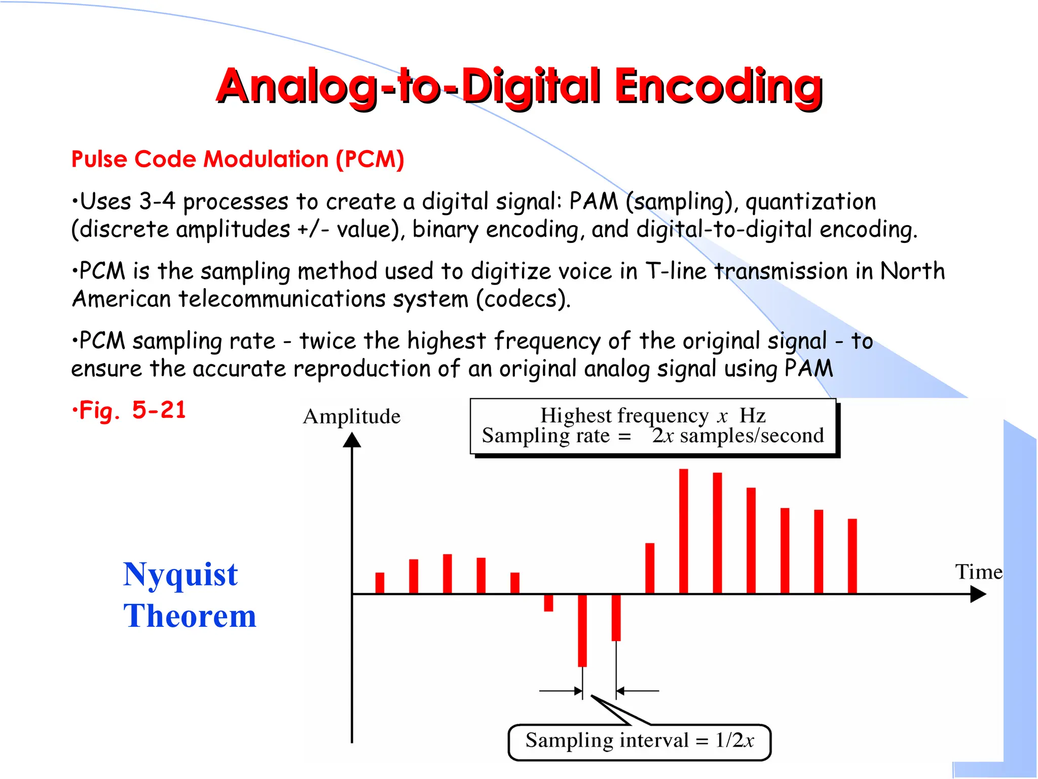 Analog-to-Digital Encoding Analog-to-Digital Encoding Pulse Code Modulation (PCM) •Uses 3-4 processes to create a digital signal: PAM (sampling), quantization (discrete amplitudes +/- value), binary encoding, and digital-to-digital encoding. •PCM is the sampling method used to digitize voice in T-line transmission in North American telecommunications system (codecs). •PCM sampling rate - twice the highest frequency of the original signal - to ensure the accurate reproduction of an original analog signal using PAM •Fig. 5-21 Nyquist Theorem 