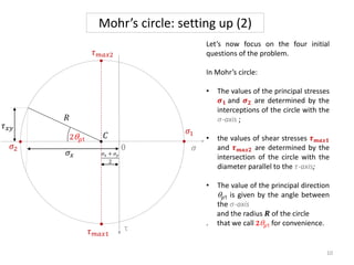 Mohr’s circle: setting up (2)
Let’s now focus on the four initial
questions of the problem.
In Mohr’s circle:
• The values of the principal stresses
𝝈𝟏 and 𝝈𝟐 are determined by the
interceptions of the circle with the
𝜎-axis ;
• the values of shear stresses 𝝉𝒎𝒂𝒙𝟏
and 𝝉𝒎𝒂𝒙𝟐 are determined by the
intersection of the circle with the
diameter parallel to the 𝜏-axis;
• The value of the principal direction
qp1 is given by the angle between
the 𝜎-axis
and the radius 𝑹 of the circle
. that we call 𝟐qp1 for convenience.
𝜎𝑥
𝜏𝑥𝑦
𝜎𝑥 + 𝜎𝑦
2
𝐶
0 𝜎
𝜏𝑚𝑎𝑥2
𝜏𝑚𝑎𝑥1
𝜎1
𝜎2
𝑅
2qp1
10
τ
 