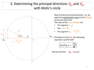 3. Determining the principal directions qp1 and qp2
with Mohr’s circle
𝜎
2qp11
0
𝜏𝑥𝑦
𝜎1
𝜎2
Now to find the principal direction qp1 we
apply the trigonometric ratio to the triangle
previously examined.
The sides of this right triangle are:
• The segment 𝝉𝒙𝒚;
• The radius 𝑹;
• The segment 𝝈𝒙 −
𝝈𝒙+𝝈𝒚
𝟐
.
Therefore to find 2qp1 the following
equation is performed*
𝜎𝑥 −
𝜎𝑥 + 𝜎𝑦
2
𝑅
sin(2qp1) =
𝝉𝒙𝒚
𝑹
And we find that qp1 =11.3°
17
τ
𝐶
 