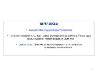 25
REFERENCES:
• Websites:http://web.mst.edu/~mecmovie/
• Textbooks: Hibbeler, R. C., 2014. Statics and mechanics of materials. 4th ed. Cape
Town, Singapore: Pearson Education South Asia
• Lecture notes: DEN4102-12-Multi-dimensional Stress and Strain
by Professor Emiliano Bilotti
 