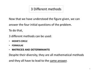 3 Different methods
Now that we have understood the figure given, we can
answer the four initial questions of the problem.
To do that,
3 different methods can be used:
• MOHR’S CIRCLE
• FORMULAE
• MATRICES AND DETERMINANTS
Despite their diversity, they are all mathematical methods
and they all have to lead to the same answer.
6
 