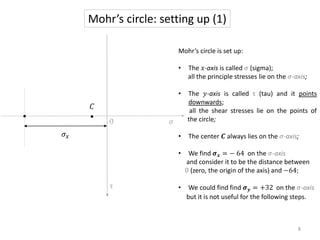 Mohr’s circle: setting up (1)
τ
𝜎𝑥
𝐶
0 𝜎
Mohr’s circle is set up:
• The 𝑥-axis is called 𝜎 (sigma);
all the principle stresses lie on the 𝜎-axis;
• The 𝑦-axis is called τ (tau) and it points
downwards;
all the shear stresses lie on the points of
the circle;
• The center 𝑪 always lies on the 𝜎-axis;
• We find 𝝈𝒙 = − 64 on the 𝜎-axis
and consider it to be the distance between
0 (zero, the origin of the axis) and −64;
• We could find find 𝝈𝒚 = +32 on the 𝜎-axis
but it is not useful for the following steps.
8
 
