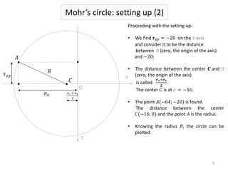 Mohr’s circle: setting up (2)
𝜎𝑥
𝜏𝑥𝑦
𝜎𝑥 + 𝜎𝑦
2
𝐶
0
𝜎
Proceeding with the setting up:
• We find 𝝉𝒙𝒚 = −20 on the τ-axis
and consider it to be the distance
between 0 (zero, the origin of the axis)
and −20;
• The distance between the center 𝑪 and 0
(zero, the origin of the axis)
is called
𝝈𝒙+𝝈𝒚
𝟐
.
The center 𝐶 is at 𝜎 = −16.
• The point 𝐴 −64; −20 is found.
The distance between the center
𝐶(−16; 0) and the point 𝐴 is the radius.
• Knowing the radius 𝑅, the circle can be
plotted
𝑅
𝐴
9
τ
 