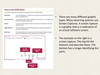 • There are many different graphic
types. Many elearning systems use
Screen Captures. A screen capture
is a graphic that is a replication of
an actual software screen.
• The example on the right is a
screen capture. The top list the
features and describe them. The
bottom has a image identifying the
parts.
 