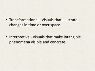 • Transformational - Visuals that illustrate
changes in time or over space
• Interpretive - Visuals that make intangible
phenomena visible and concrete
 
