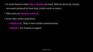• In motile bacteria either cilia or flagella are found. Both are driven by rotatory
movement produced by basal body (which works as motor).
• Other parts are filament and hook.
• Some other surface projections:
• Tubular pili: Help in inter-cellular communication.
• Fimbriae: For clinging to support.
Rahul Sir's notes
 
