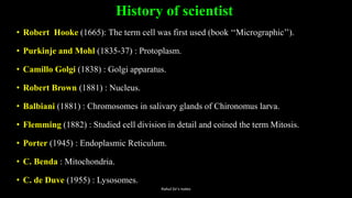 History of scientist
• Robert Hooke (1665): The term cell was first used (book ‘‘Micrographic’’).
• Purkinje and Mohl (1835-37) : Protoplasm.
• Camillo Golgi (1838) : Golgi apparatus.
• Robert Brown (1881) : Nucleus.
• Balbiani (1881) : Chromosomes in salivary glands of Chironomus larva.
• Flemming (1882) : Studied cell division in detail and coined the term Mitosis.
• Porter (1945) : Endoplasmic Reticulum.
• C. Benda : Mitochondria.
• C. de Duve (1955) : Lysosomes.
Rahul Sir's notes
 