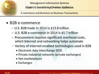 6.23 Copyright © 2013 Pearson Education, Inc. publishing a
Management Information Systems
Chapter 6: Foundations of Business Intelligence
10.23 Copyright © 2016 Pearson Education, Inc.
Management Information Systems
Chapter 5: E-commerce: Digital Markets, Digital Goods
• B2B e-commerce
– U.S. B2B trade in 2014 is $13.8 trillion
– U.S. B2B e-commerce in 2014 is $5.7 trillion
– Procurement requires significant overhead costs,
which Internet and networking helps automate
– Variety of Internet-enabled technologies used in B2B
• Electronic data interchange (EDI)
• Private industrial networks (private exchanges)
• Net marketplaces
• Exchanges
E-commerce and Business-to-Business Transactions
 