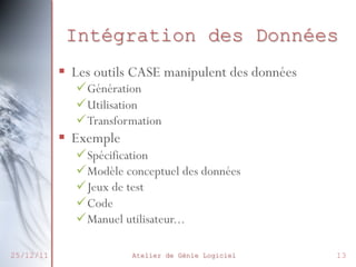 Intégration des Données
§  Les outils CASE manipulent des données
ü Génération
ü Utilisation
ü Transformation

§  Exemple

ü Spécification
ü Modèle conceptuel des données
ü Jeux de test
ü Code
ü Manuel utilisateur...

25/12/11

Atelier de Génie Logiciel

13

 