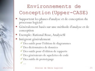Environnements de
Conception(Upper-CASE)
§  Supportent les phases d'analyse et de conception du
processus logiciel
§  Généralement basés sur une méthode d'analyse et de
conception
§  Exemple: Rational Rose, AnalyseSI
§  Intègrent généralement
ü Des outils pour l'édition de diagrammes
ü Des dictionnaires de données
ü Des outils pour d'édition de rapports
ü Des générateurs de squelettes de code
ü Des outils de prototypage
ü ...

25/12/11

Atelier de Génie Logiciel

25

 