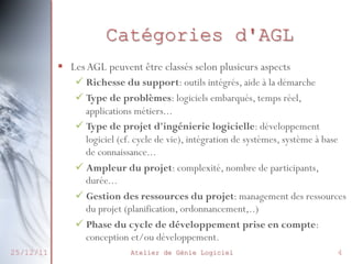 Catégories d'AGL
§  Les AGL peuvent être classés selon plusieurs aspects
ü Richesse du support: outils intégrés, aide à la démarche
ü Type de problèmes: logiciels embarqués, temps réel,
applications métiers...
ü Type de projet d'ingénierie logicielle: développement
logiciel (cf. cycle de vie), intégration de systèmes, système à base
de connaissance...
ü Ampleur du projet: complexité, nombre de participants,
durée...
ü Gestion des ressources du projet: management des ressources
du projet (planification, ordonnancement,..)
ü Phase du cycle de développement prise en compte:
conception et/ou développement.
25/12/11

Atelier de Génie Logiciel

4

 
