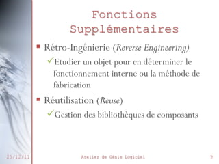 Fonctions
Supplémentaires
§  Rétro-Ingénierie (Reverse Engineering)
ü Etudier un objet pour en déterminer le
fonctionnement interne ou la méthode de
fabrication

§  Réutilisation (Reuse)
ü Gestion des bibliothèques de composants

25/12/11

Atelier de Génie Logiciel

9

 