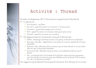 Activité : Thread
Dessiner un diagramme d'E/T décrivant au comportement d'un thread.
§  Le thread est :
ü 
ü 
ü 
ü 
ü 

Non démarré : au début
En cours : quand il a toutes ses ressources + le processeur
En attente : quand il lui manque une ressource
Prêt : quand il a toutes ses ressources mais pas le processeur
Terminé : quand il a terminé son exécution

§  On supposera que les évènements reçus par le thread sont :

ü  Début : démarrage du thread. Avant sa réception, le thread est non démarré
ü  Ressource attendue : l'appel d'une réservation de ressource quand elle n'est pas
disponible
ü  Ressource OK : libération d'une ressource par un autre thread et sa réservation
effective par le thread qui l'attendait
ü  Processeur OK : libération du processeur et son utilisation effective par le
thread
ü  Fin : correspond soit à l'exécutioin de la dernière instruction du programme,
soit à l'envoi d'un événement pour tuer définitivement le thread. A la réception
de « fin », le thread est terminé.

On supposera qu'un thread n'envoie pas d'évènement. Il ne fait que les recevoir.
12

 