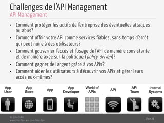 Challenges de l’API Management
•  Comment protéger les actifs de l’entreprise des éventuelles attaques
ou abus?
•  Comment offrir votre API comme services fiables, sans temps d’arrêt
qui peut nuire à des utilisateurs?
•  Comment gouverner l’accès et l’usage de l’API de manière consistante
et de manière axée sur la politique (policy-driven)?
•  Comment gagner de l’argent grâce à vos APIs?
•  Comment aider les utilisateurs à découvrir vos APIs et gérer leurs
accès eux-mêmes?
Dr. Lilia SFAXI
www.liliasfaxi.wix.com/liliasfaxi
Slide 22
API Management
 