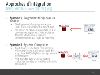 Approches d’Intégration
• Approche 5 : Programmes NOSQL dans les
outils BI
§ Développement d’un programme pour
l’outil BI qui le connecte à la base NOSQL
§ Pas besoin de définir les rapports un à un
comme dans Approche 1, mais étaler les
données NOSQL pour les rendre
compréhensibles par l’outil de reporting
• Approche 6 : Système d’intégration
§ Ajout d’un système tiers EII (Enterprise
Information Integration) entre l’outil BI et
le système NOSQL/BigData, qui agit comme
intermédiaire
§ Peut discuter avec les deux parties,
traduit les données en modèles utilisables
par l’outil BI
13
NOSQL/BIG Data avec SQL/BI (3/3)
Outil	BI
Outil	BI
EII
 