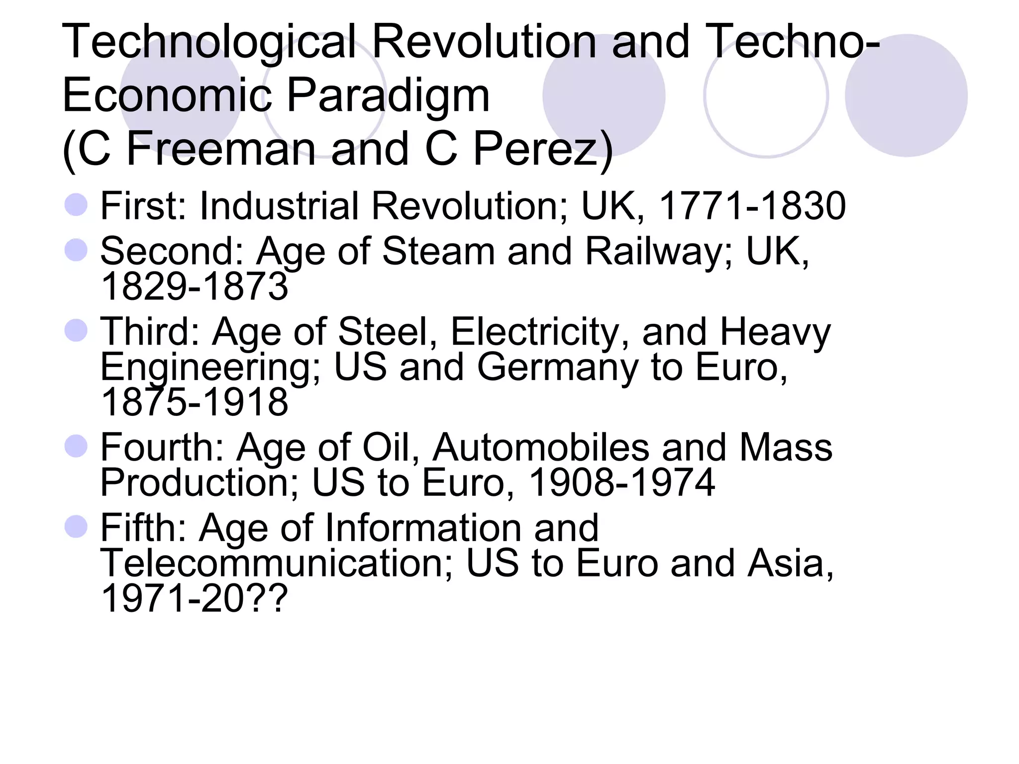 Technological Revolution and Techno-Economic Paradigm  (C Freeman and C Perez) First: Industrial Revolution; UK, 1771-1830 Second: Age of Steam and Railway; UK, 1829-1873 Third: Age of Steel, Electricity, and Heavy Engineering; US and Germany to Euro, 1875-1918 Fourth: Age of Oil, Automobiles and Mass Production; US to Euro, 1908-1974 Fifth: Age of Information and Telecommunication; US to Euro and Asia, 1971-20?? 