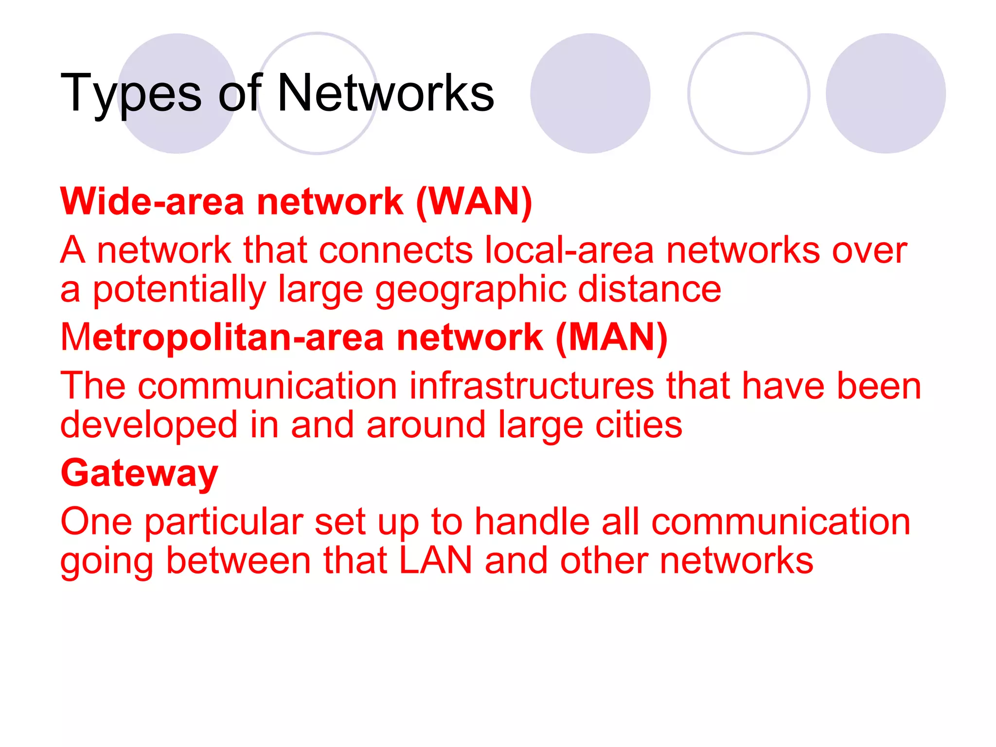 Types of Networks Wide-area network (WAN)   A network that connects local-area networks over a potentially large geographic distance M etropolitan-area network (MAN)   The communication infrastructures that have been developed in and around large cities Gateway One particular set up to handle all communication going between that LAN and other networks 