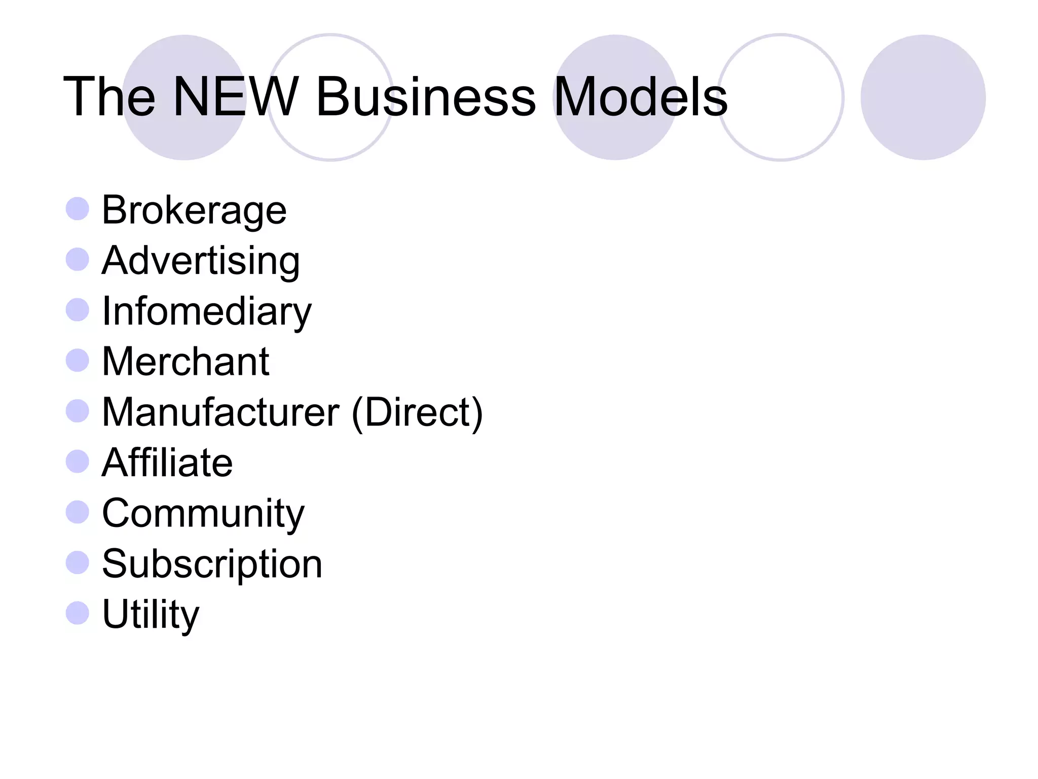 The NEW Business Models Brokerage  Advertising  Infomediary  Merchant  Manufacturer (Direct)  Affiliate  Community  Subscription  Utility 