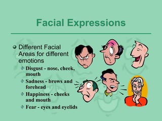 Facial Expressions
Different Facial
Areas for different
emotions
Disgust - nose, cheek,
mouth
Sadness - brows and
forehead
Happiness - cheeks
and mouth
Fear - eyes and eyelids
 