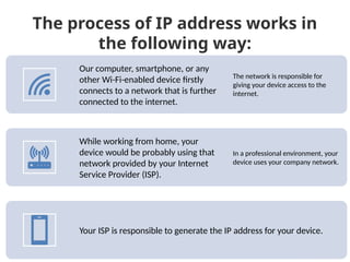 The process of IP address works in
the following way:
Our computer, smartphone, or any
other Wi-Fi-enabled device firstly
connects to a network that is further
connected to the internet.
The network is responsible for
giving your device access to the
internet.
While working from home, your
device would be probably using that
network provided by your Internet
Service Provider (ISP).
In a professional environment, your
device uses your company network.
Your ISP is responsible to generate the IP address for your device.
 