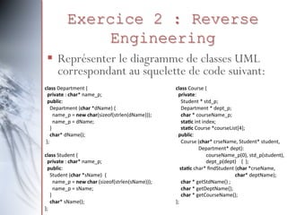 Exercice 2 : Reverse
Engineering
 Représenter le diagramme de classes UML
correspondant au squelette de code suivant:
class Department {
private : char* name_p;
public:
Department (char *dName) {
name_p = new char(sizeof(strlen(dName)));
name_p = dName;
}
char* dName();
};
class Student {
private : char* name_p;
public:
Student (char *sName) {
name_p = new char (sizeof(strlen(sName)));
name_p = sName;
}
char* sName();
};

class Course {
private:
Student * std_p;
Department * dept_p;
char * courseName_p;
static int index;
static Course *courseList[4];
public:
Course (char* crseName, Student* student,
Department* dept):
courseName_p(0), std_p(student),
dept_p(dept) { };
static char* findStudent (char *crseName,
char* deptName);
char * getStdName() ;
char * getDeptName{};
char * getCourseName();
};

 