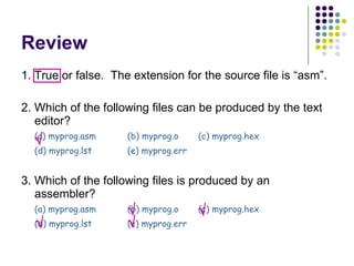 Review 1. True or false.  The extension for the source file is “asm”. 2. Which of the following files can be produced by the text editor? (a) myprog.asm (b) myprog.o (c) myprog.hex (d) myprog.lst (e) myprog.err 3. Which of the following files is produced by an assembler? (a) myprog.asm (b) myprog.o (c) myprog.hex (d) myprog.lst (e) myprog.err      