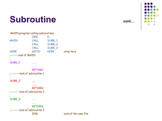 Subroutine cont… ;MAIN program calling subroutines ORG 0 MAIN CALL SUBR_1 CALL SUBR_2 CALL SUBR_3 HERE GOTO HERE ;stay here ;-------end of MAIN ; SUBR_1 …… …… RETURN ;--------end of subroutine 1 ; SUBR_2 …… …… RETURN ;--------end of subroutine 2 ; SUBR_3 …… …… RETURN ;--------end of subroutine 3 END ;end of the asm file 