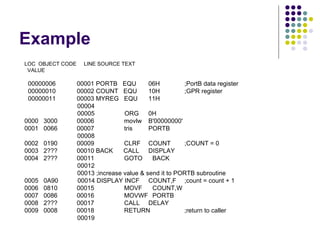 Example LOC  OBJECT CODE  LINE SOURCE TEXT VALUE 00000006  00001 PORTB  EQU 06H  ;PortB data register  00000010  00002 COUNT  EQU  10H  ;GPR register 00000011  00003 MYREG  EQU  11H 00004  00005  ORG  0H 0000  3000  00006  movlw  B'00000000' 0001  0066  00007  tris  PORTB 00008  0002  0190  00009  CLRF  COUNT  ;COUNT = 0 0003  2???  00010 BACK  CALL  DISPLAY 0004  2???  00011  GOTO  BACK 00012  00013 ;increase value & send it to PORTB subroutine 0005  0A90  00014 DISPLAY INCF  COUNT,F  ;count = count + 1 0006  0810  00015  MOVF  COUNT,W 0007  0086  00016  MOVWF  PORTB 0008  2???  00017  CALL  DELAY 0009  0008  00018  RETURN  ;return to caller 00019  