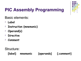 PIC Assembly Programming Basic elements: Label Instruction (mnemonic) Operand(s) Directive Comment Structure: [label] mnemonic [operands] [;comment] 