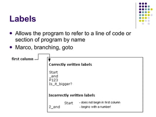 Labels Allows the program to refer to a line of code or section of program by name Marco, branching, goto 