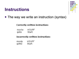 Instructions The way we write an instruction (syntax) 