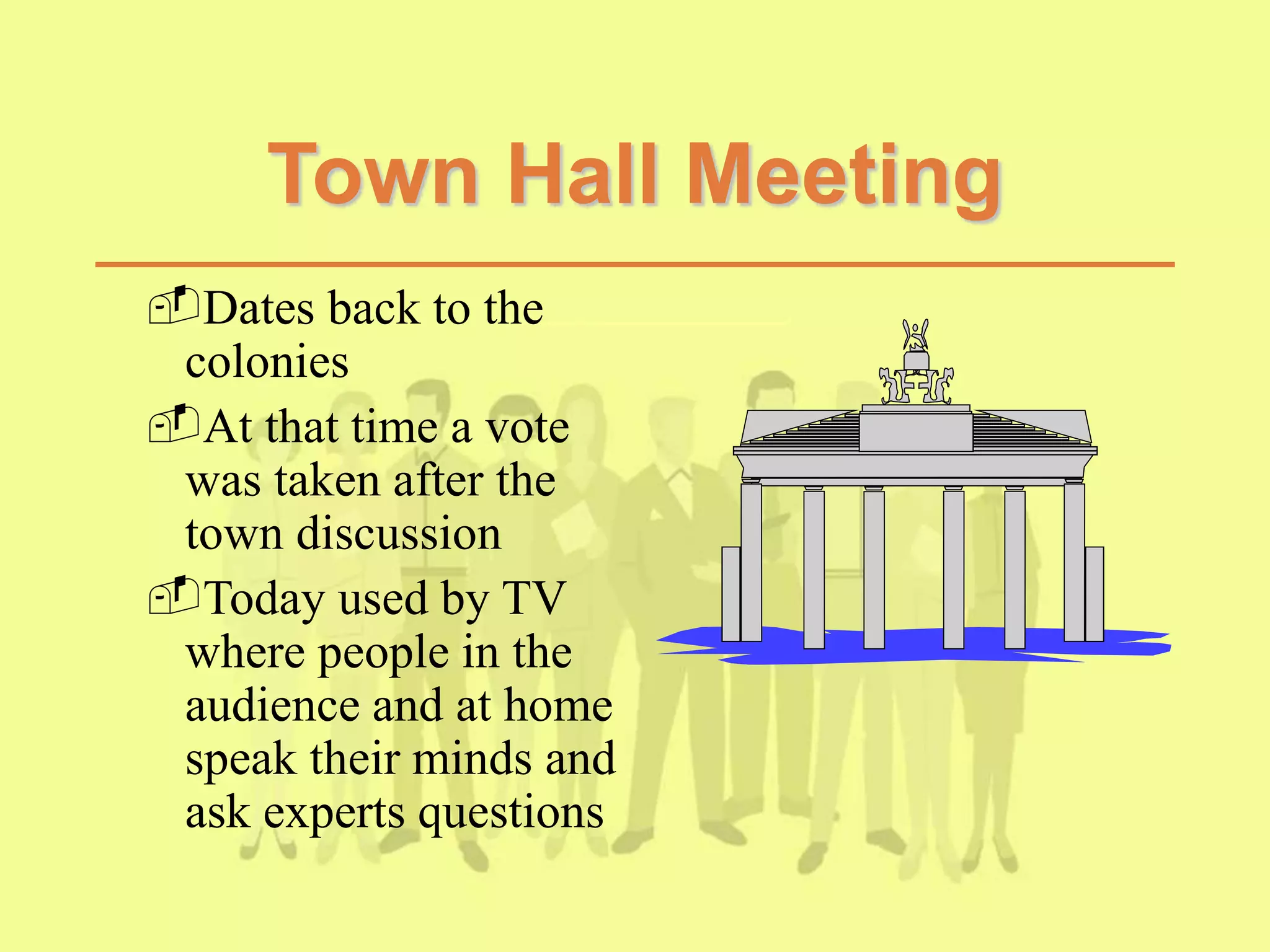 Dates back to the
colonies
At that time a vote
was taken after the
town discussion
Today used by TV
where people in the
audience and at home
speak their minds and
ask experts questions
Town Hall Meeting
 
