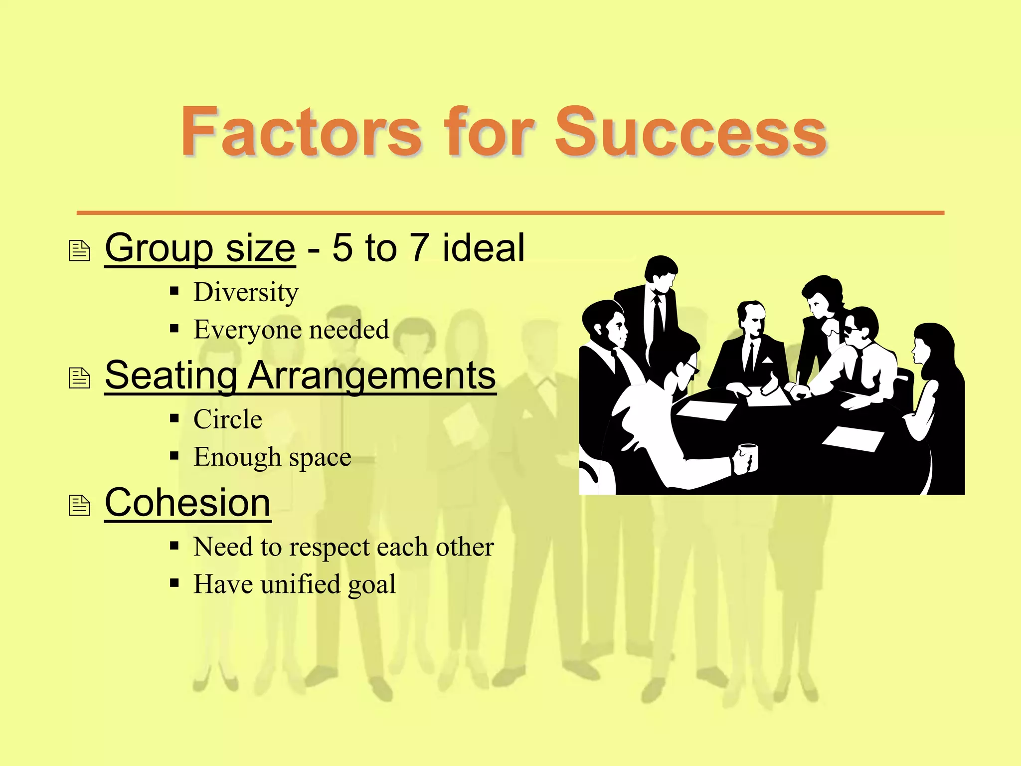 Factors for Success
 Group size - 5 to 7 ideal
 Diversity
 Everyone needed
 Seating Arrangements
 Circle
 Enough space
 Cohesion
 Need to respect each other
 Have unified goal
 