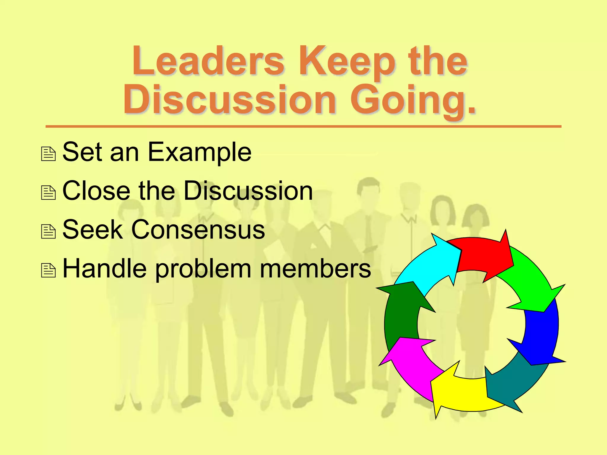 Leaders Keep the
Discussion Going.
Set an Example
Close the Discussion
Seek Consensus
Handle problem members
 