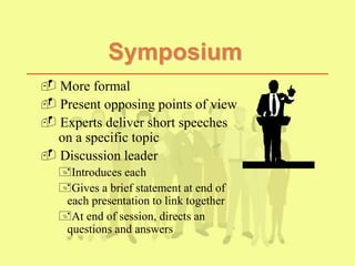 Symposium
 More formal
 Present opposing points of view
 Experts deliver short speeches
on a specific topic
 Discussion leader
Introduces each
Gives a brief statement at end of
each presentation to link together
At end of session, directs an
questions and answers
 