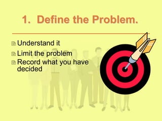 1. Define the Problem.
Understand it
Limit the problem
Record what you have
decided
 