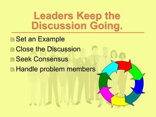 Leaders Keep the
Discussion Going.
Set an Example
Close the Discussion
Seek Consensus
Handle problem members
 