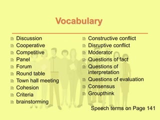 Vocabulary
 Discussion
 Cooperative
 Competitive
 Panel
 Forum
 Round table
 Town hall meeting
 Cohesion
 Criteria
 brainstorming
 Constructive conflict
 Disruptive conflict
 Moderator
 Questions of fact
 Questions of
interpretation
 Questions of evaluation
 Consensus
 Groupthink
Speech terms on Page 141
 