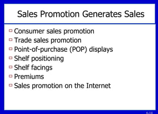 Sales Promotion Generates Sales Consumer sales promotion Trade sales promotion Point-of-purchase (POP) displays Shelf positioning Shelf facings Premiums Sales promotion on the Internet 
