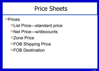 Price Sheets Prices List Price—standard price Net Price—w/discounts Zone Price FOB Shipping Price FOB Destination 