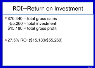 ROI-- Return on Investment $70,440 = total gross sales   -55,260  = total investment $15,180 = total gross profit 27.5% ROI ($15,180/$55,260) 