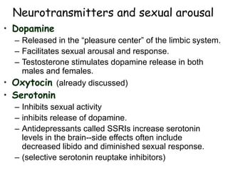 Neurotransmitters and sexual arousal
• Dopamine
– Released in the “pleasure center” of the limbic system.
– Facilitates sexual arousal and response.
– Testosterone stimulates dopamine release in both
males and females.
• Oxytocin (already discussed)
• Serotonin
– Inhibits sexual activity
– inhibits release of dopamine.
– Antidepressants called SSRIs increase serotonin
levels in the brain--side effects often include
decreased libido and diminished sexual response.
– (selective serotonin reuptake inhibitors)
 