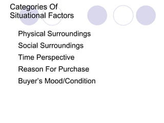 Categories Of Situational Factors Physical Surroundings Social Surroundings Time Perspective Reason For Purchase Buyer’s Mood/Condition 