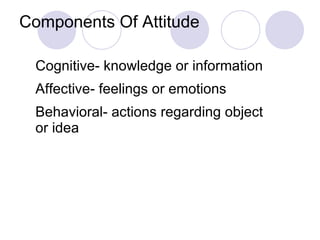 Components Of Attitude Cognitive- knowledge or information Affective- feelings or emotions Behavioral- actions regarding object or idea 