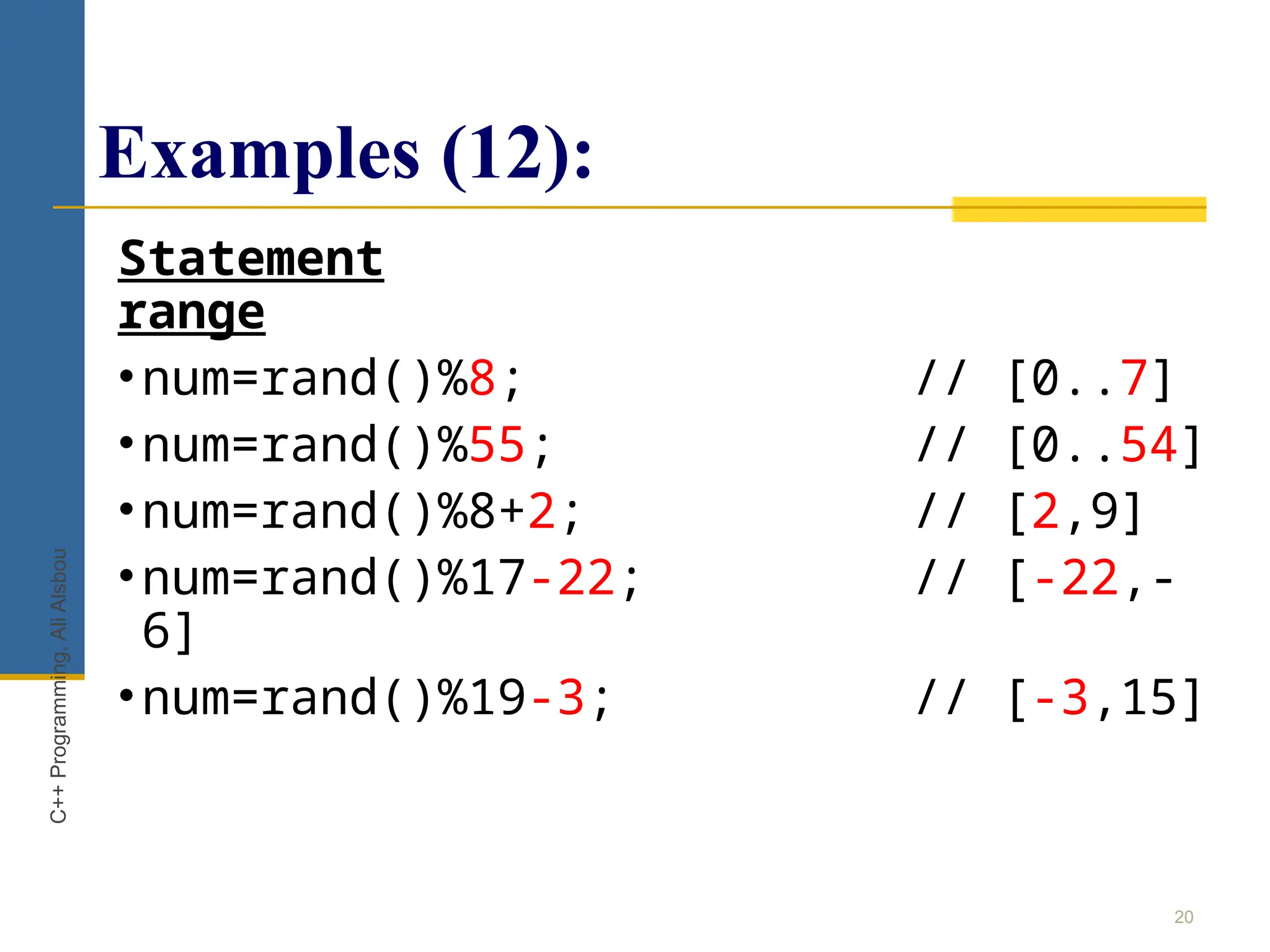 Examples (12):
Statement
range
•num=rand()%8; // [0..7]
•num=rand()%55; // [0..54]
•num=rand()%8+2; // [2,9]
•num=rand()%17-22; // [-22,-
6]
•num=rand()%19-3; // [-3,15]
20
C++
Programming,
Ali
Alsbou
 