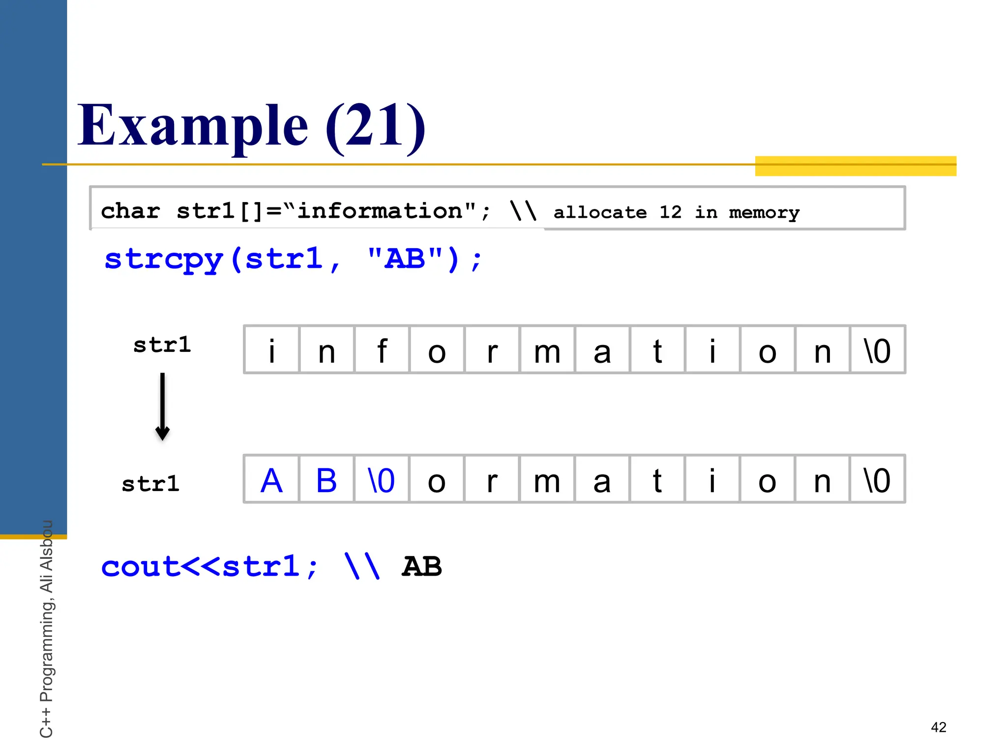 42
Example (21)
char str1[]=“information";  allocate 12 in memory
str1
strcpy(str1, "AB");
i n f o r m a t i o n 0
A B 0 o r m a t i o n 0
str1
C++
Programming,
Ali
Alsbou
cout<<str1;  AB
 