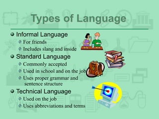 Types of Language
Informal Language
For friends
Includes slang and inside
Standard Language
Commonly accepted
Used in school and on the job
Uses proper grammar and
sentence structure
Technical Language
Used on the job
Uses abbreviations and terms
 