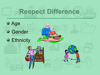 Respect Difference
Age
Gender
Ethnicity
 