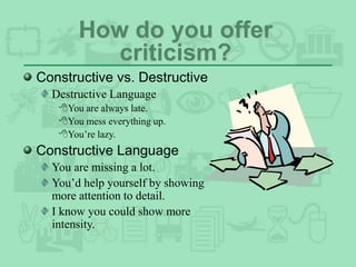 How do you offer
criticism?
Constructive vs. Destructive
Destructive Language
You are always late.
You mess everything up.
You’re lazy.
Constructive Language
You are missing a lot.
You’d help yourself by showing
more attention to detail.
I know you could show more
intensity.
 