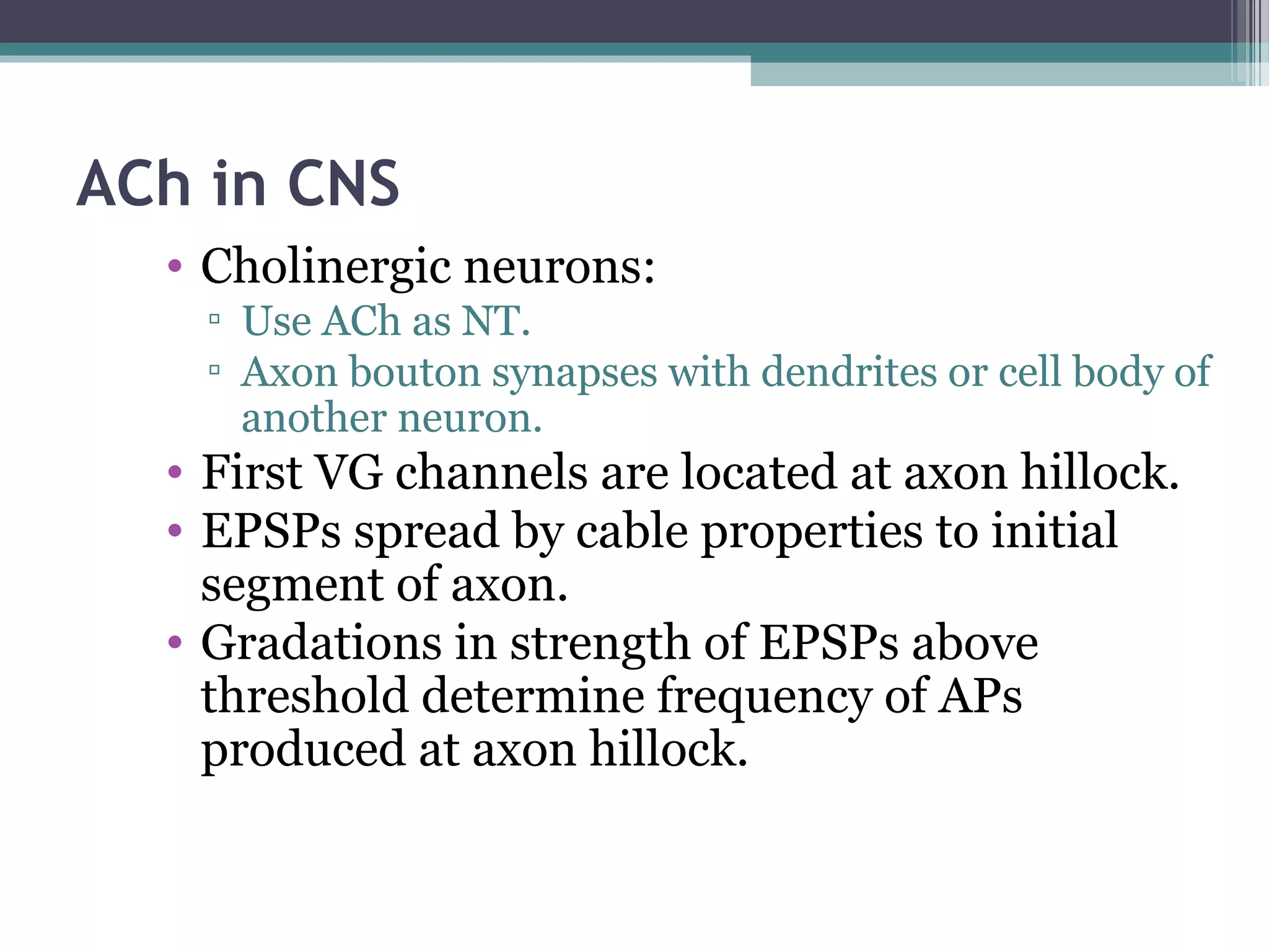 ACh in CNS
• Cholinergic neurons:
▫ Use ACh as NT.
▫ Axon bouton synapses with dendrites or cell body of
another neuron.
• First VG channels are located at axon hillock.
• EPSPs spread by cable properties to initial
segment of axon.
• Gradations in strength of EPSPs above
threshold determine frequency of APs
produced at axon hillock.
 